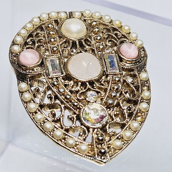 Vtg Intricate Victorian Style Brooch Filigree 3D Pin Goldtone Faux Mixed Stones - Picture 5 of 8